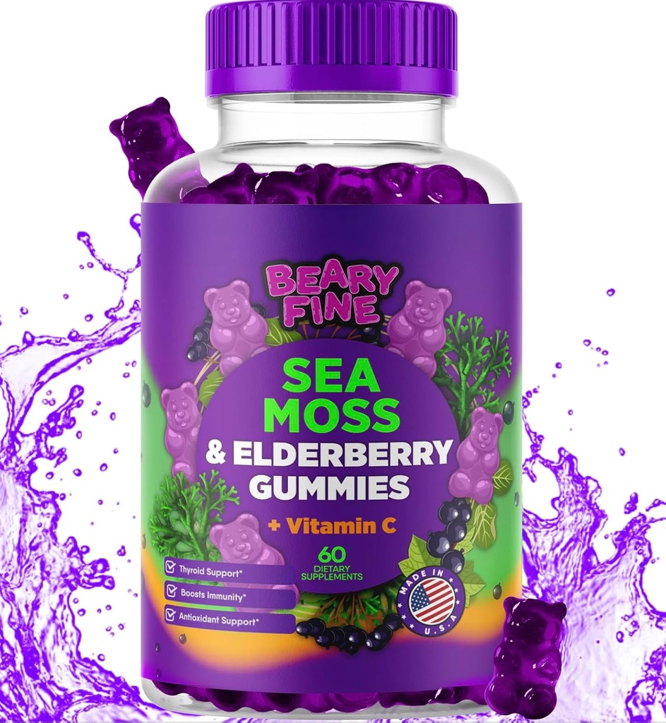 Sea Moss Gummies & Elderberry - C-vitamin + zink - ekstra styrke immunforsvar & thyreoideastøtte Booster Gummies Bears for børn og voksne - 60 Seamoss Gummies - Made in USA