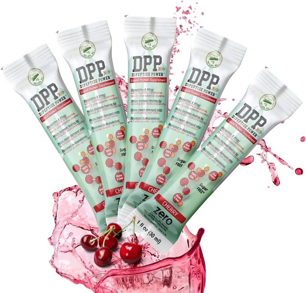 Ernæringsmæssige designs DPP Dipeptid Power Liquid Collagen & Whey Protein Supplement, sukkerfri, fremmer sund hud & hår til mænd og kvinder, Cherry, Single Serve Packet, 1 oz (25 Pakker)