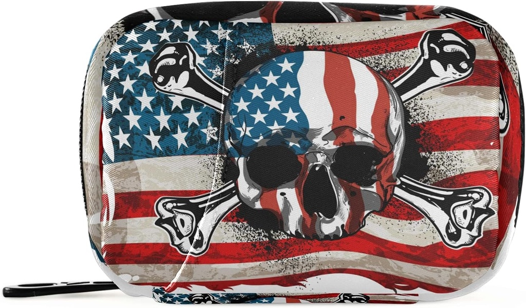 Amerikansk Flag Skull Pill Box 7 Dag Pill sag Rejsepille Organizer Bag med lynlås Portable ugentlige sag Kompakt størrelse for Vitamin Supplement Holder