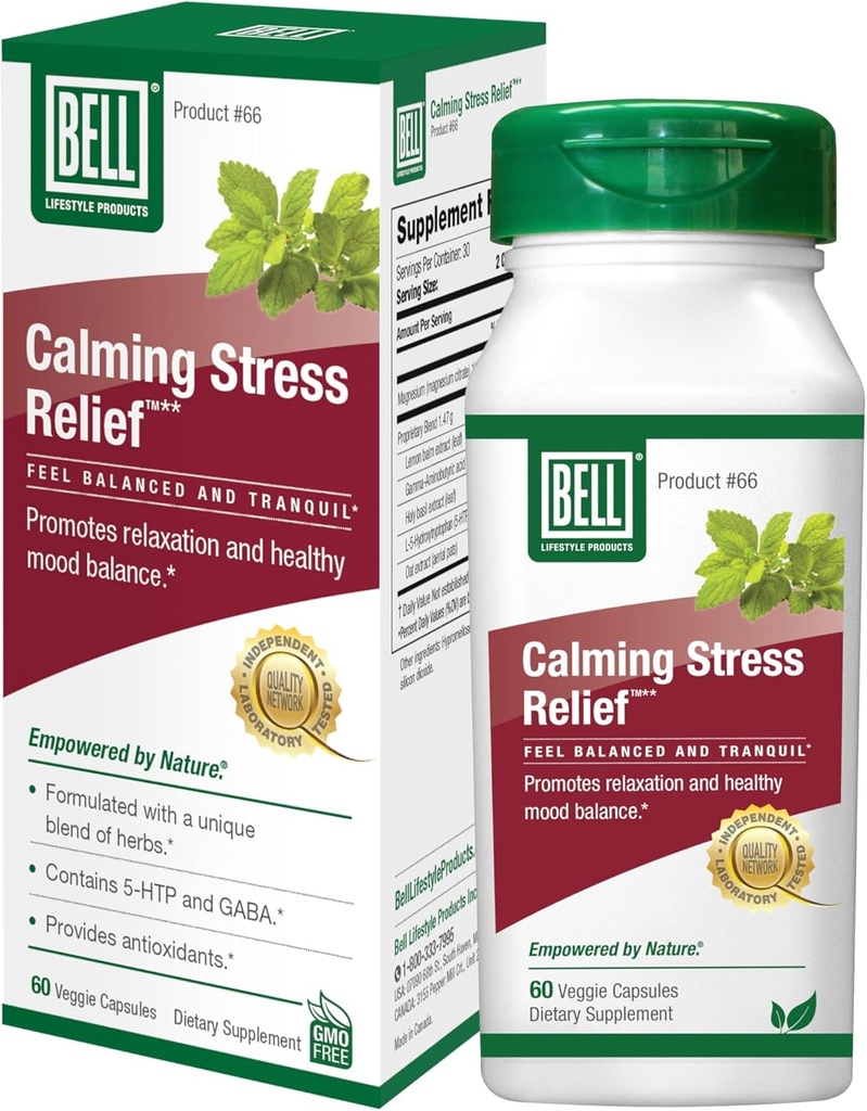 Bell Lifestyle Calming Stress Relief Herbal Blend med 5- HTP & GABA til stress support og afslapning, 60 Veggie kapsler