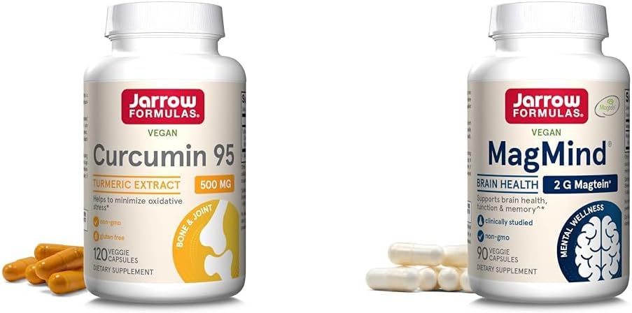 Jarrow Formulas Curcumin 95 500mg - Op til 120 Servere (Veggie Caps) - Gurkemeje Curcumin Extract & MagMind Brain Sundhed med Magtein (Magnesium L- Threonate), Kosttilskud