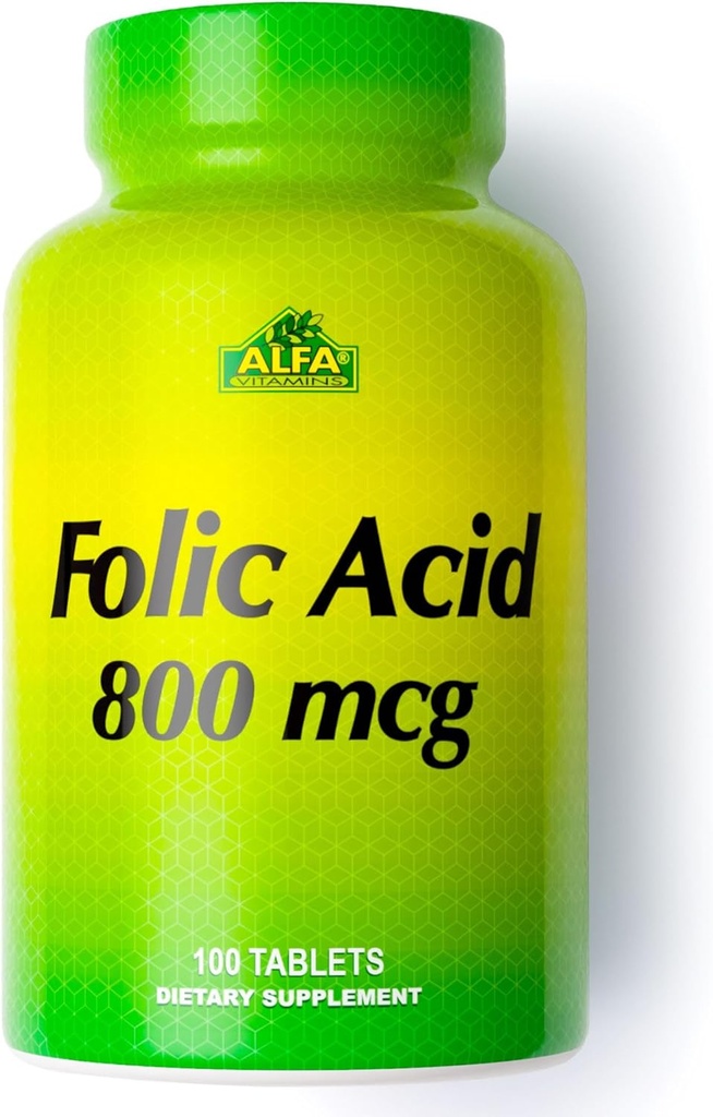 ALFA VITAMINS Folinsyre 800 mcg prenatal supplement, understøtter kardiovaskulær sundhed, Body & Brain funktioner, dannelse af røde blodlegemer og sund foster udvikling, Kosttilskud, 100 tabletter