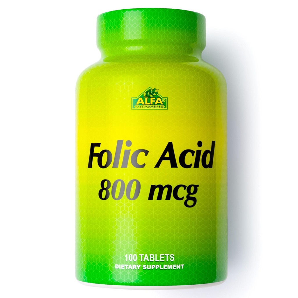 ALFA VITAMINS Folinsyre 800 mcg prenatal supplement, understøtter kardiovaskulær sundhed, Body & Brain funktioner, dannelse af røde blodlegemer og sund foster udvikling, Kosttilskud, 100 tabletter