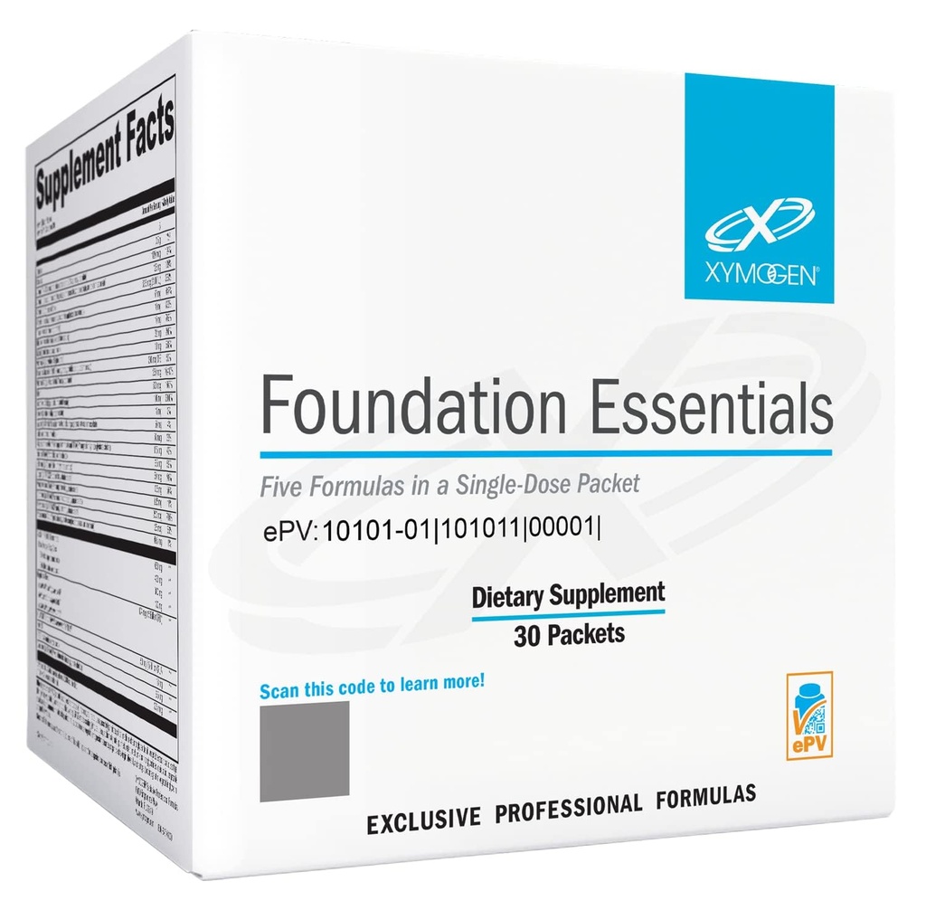 XYMOGEN Foundation Essentials - 5-Produkt pakker med ProbioMax Probiotic, ActivNutrients Multivitamin uden jern, Omega Monopure 650 Fish Oil, OptiMag Magnesium + Vitamin D3 2000 (30 Pakker)