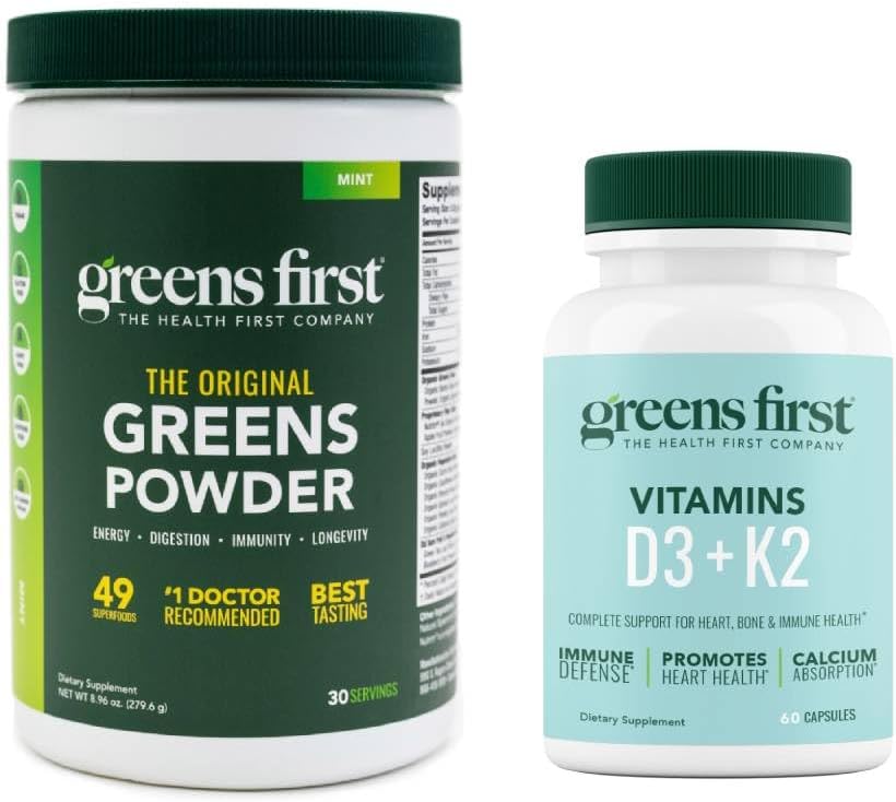 Green First - Mint - 30 Servering - Green Powder Superfood, 49 Superfoods, 15 + Økologiske Frugt & Grøntsager, Dairy Free, Vegan & Non- GMO - 9.86 oz og D3 + K2 Vitamin, 60 Vegetabilske kapsler