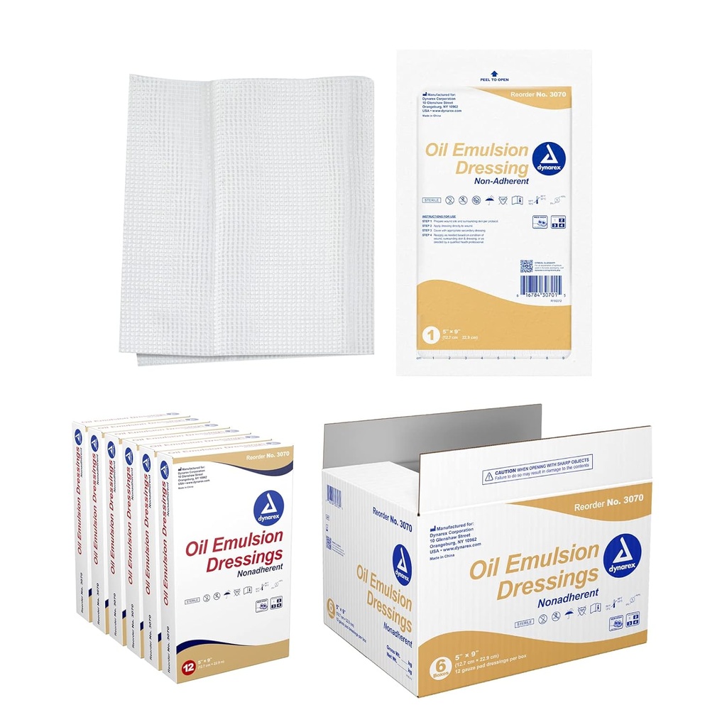 Dynarex Oil Emulsion Dressings, Sårpleje, Absorberende, 5 "x 9" Steril Strikket Gauze Klædning med Emulsion Blend af Petrolatum og Sunflower Oil, 6 æsker med 12 Oil Emulsion Dressings