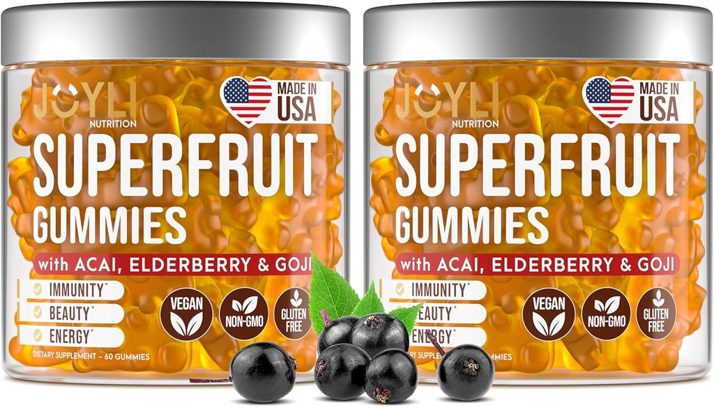2 Pack - Multivitamin Fruit Gummies Vitamin A, C, D & E for voksne og børn - Superfruit Gummy for kvinder & mænd med Goji, Elderberry - Understøtter Immunitet, fordøjelse & energi - 60 Chewable Veggie Gummies