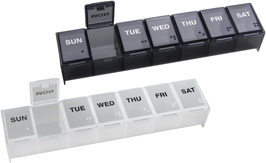 EZY DOSE Weekly (7-Day) Daily Pill Organizer, Vitamin Planner, og Medicine Container, Store Compartments, Let at åbne, Rejse Friendly, Inkluderer en sort og en hvid (2 Pack), Made in The USA