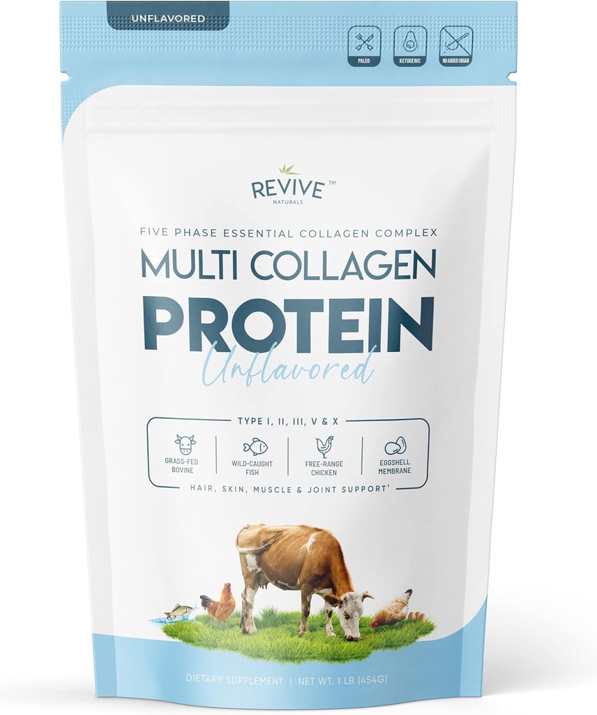 Multi Collagen Hydrolyzed Protein Powder (16oz) - Types I, II, III, V & X - Grass Fed Bovine (Peptan®), Wild Caught Marine, Free Roaming Chicken & Eggshell Collagen Peptides, Non-GMO, GF.