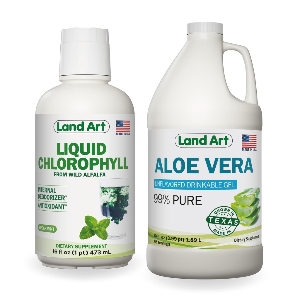 Land Art Pure Aloe Vera Drinkable Gel Unflavored 64 fl oz + Liquid Chlorophyll Mint Flavored 16 fl oz