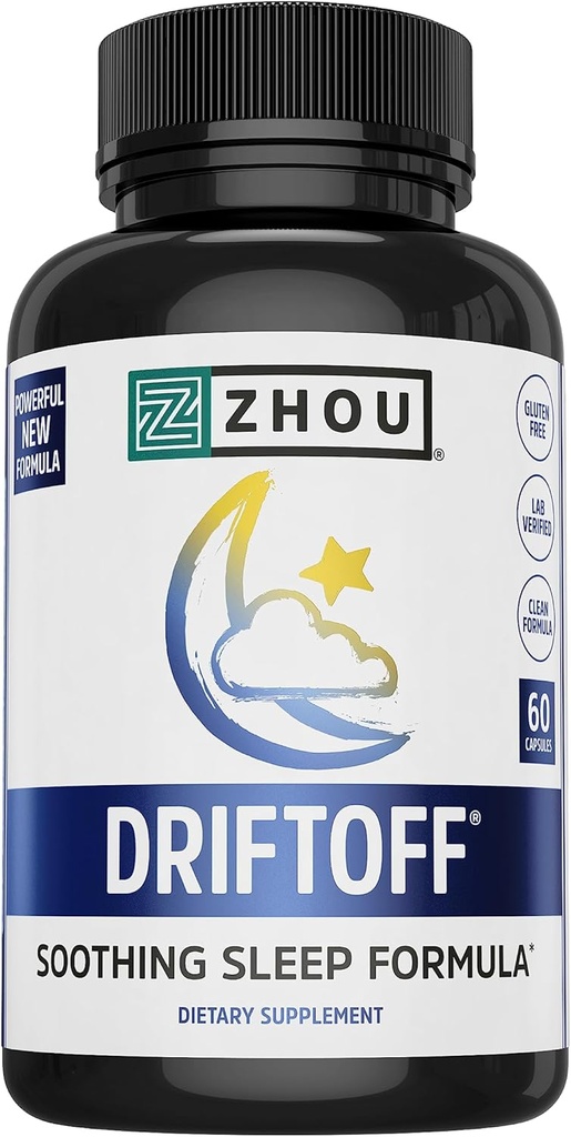 Zhou Driftoff - Nature Inspirated Sleep Aid, Valerian Root & Melatonin til søvn for mænd og kvinder, rolig søvn supplement for voksne med Gaba & kamille til at slappe af - 60 Veggie kapsler