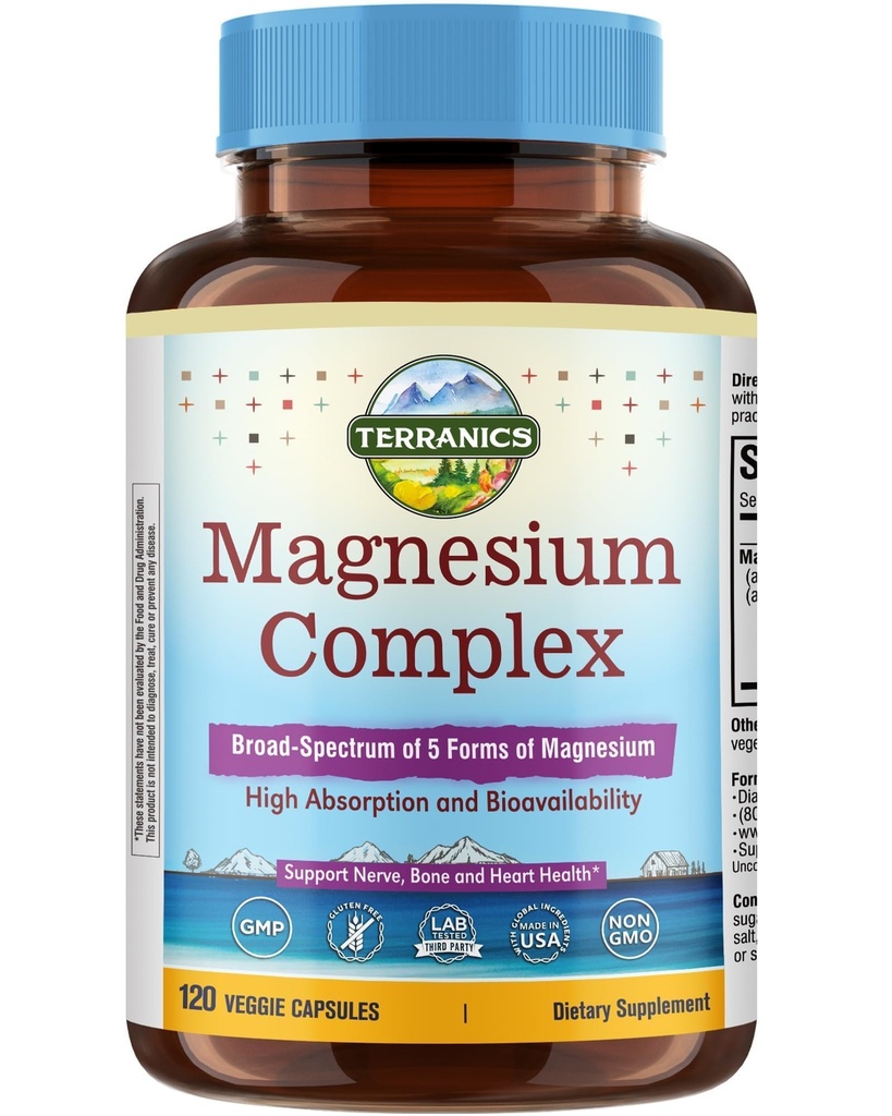 Terranics 5- in-1 Magnesiumkompleks Supplement 500mg - 5 former Høj Absorption Magnesiumglycinat Citrat Malat Aspartatgluconat for dvalehjertets sundhed - Non- GMO 120 Vegankapsler