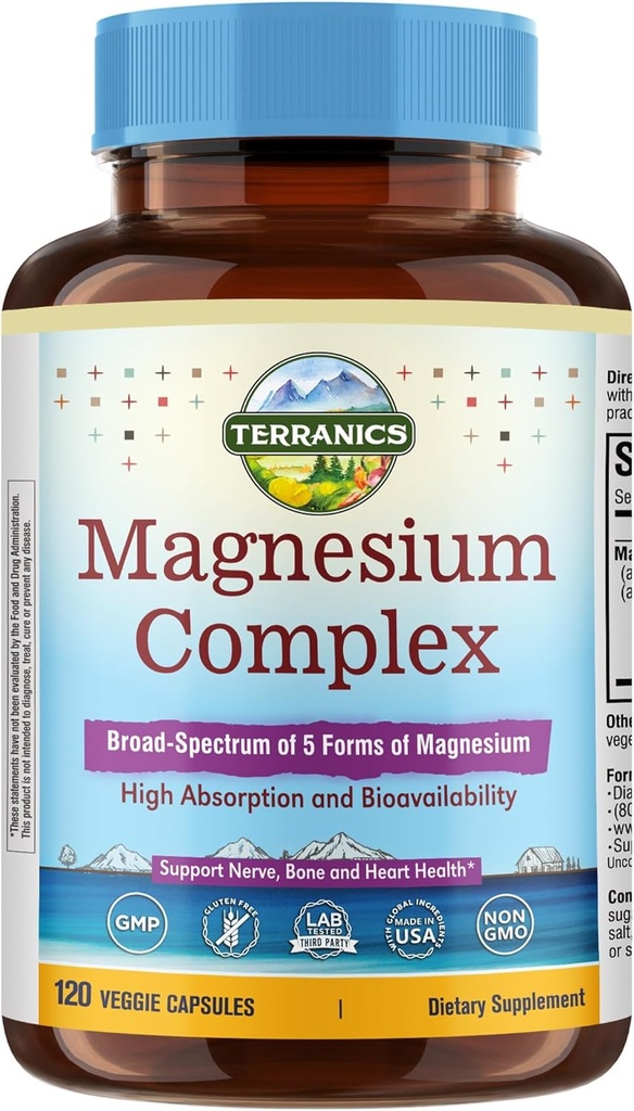 Terranics 5- in-1 Magnesiumkompleks Supplement 500mg - 5 former Høj Absorption Magnesiumglycinat Citrat Malat Aspartatgluconat for dvalehjertets sundhed - Non- GMO 120 Vegankapsler