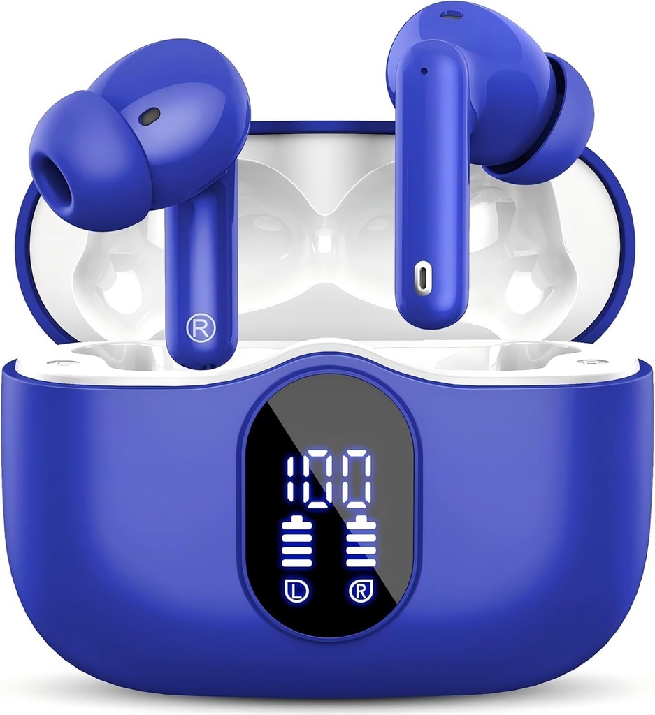 Trådløse Earbuds Bluetooth 5.3 Hovedtelefoner Bass Stereo Ear Bud med støj Annullering Mic LED Display i Ear Earphones IP7 Vandtæt 36H Playtime for Laptop Pad Phones Sport workout blå