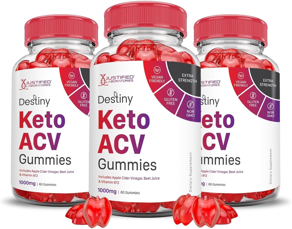 Justified Laboratories (3 Pack Destiny Keto ACV Gummies Advanced Formel 1000MG Destiny Keto Gummies Apple Cider Vinagar Formuleret med Pomegranate Beet Juice Powder B12 Vegan Non GMO 180 Gummys