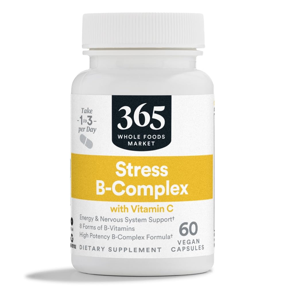365 af Whole Foods Market, Stress B- Kompleks med C-vitamin, Energi & Nervesystemet support, Vegan, 60 kapsler