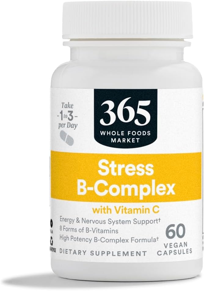 365 af Whole Foods Market, Stress B- Kompleks med C-vitamin, Energi & Nervesystemet support, Vegan, 60 kapsler