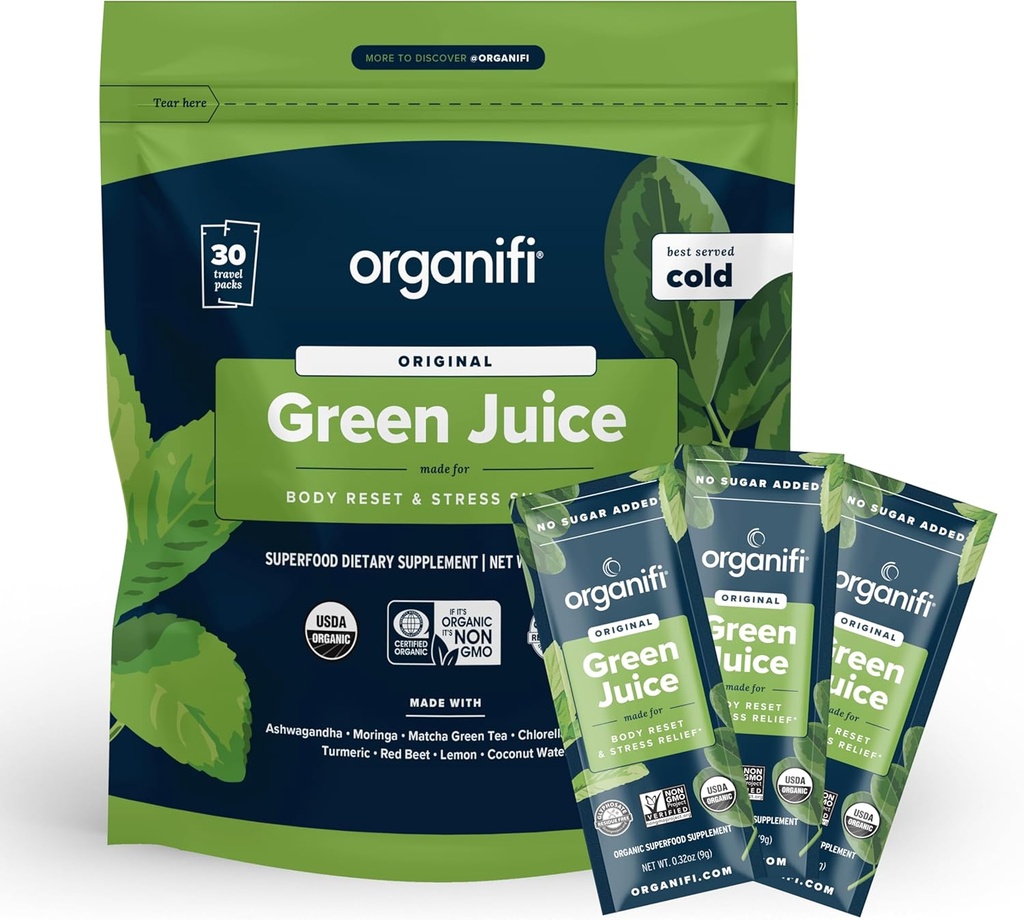 Organifi: GO Packs - Green Juice - Organic Superfood Supplement Powder - 30 Rejsepakker - Organic Vegan Green - Hydrates and Revitalizes