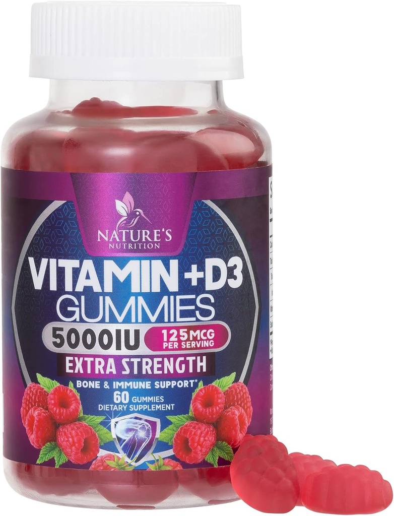 D3- vitamin supplement Gummy 5000 IE (125 mcg) Kosttilskud Vitamin D til mænd og kvinder - Knogler, tænder, muskler og immunforsvar, høj potens VIT D3 Nature non-GMO & Gluten Free - 60 Gummies