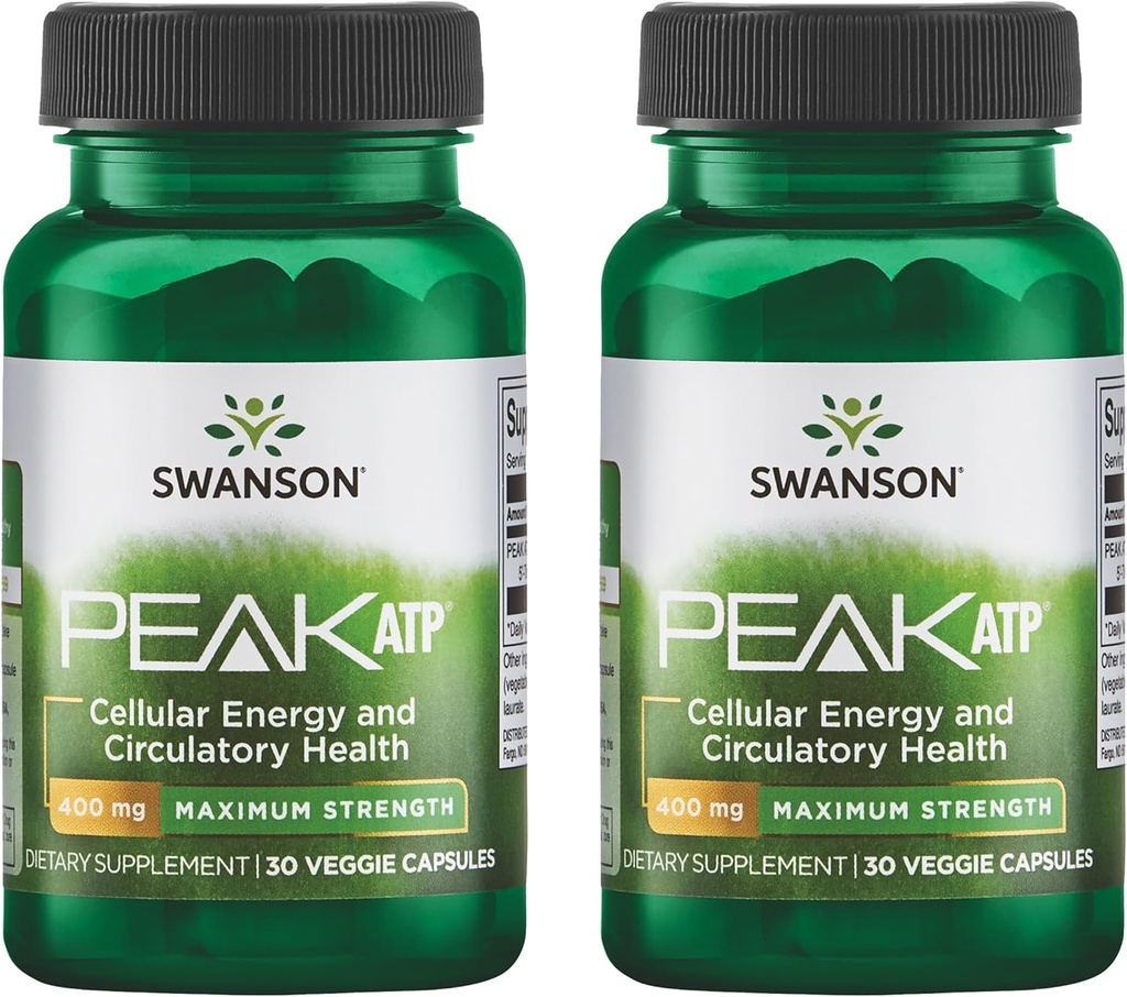 Swanson Maksimal styrke Peak ATP- Natural Supplement Fremme Cellular Energy Support - Understøtter fysisk ydeevne og fremmer sund blodgennemstrømning - (30 Veggie kapsler, 400mg Hver) 2 Pack