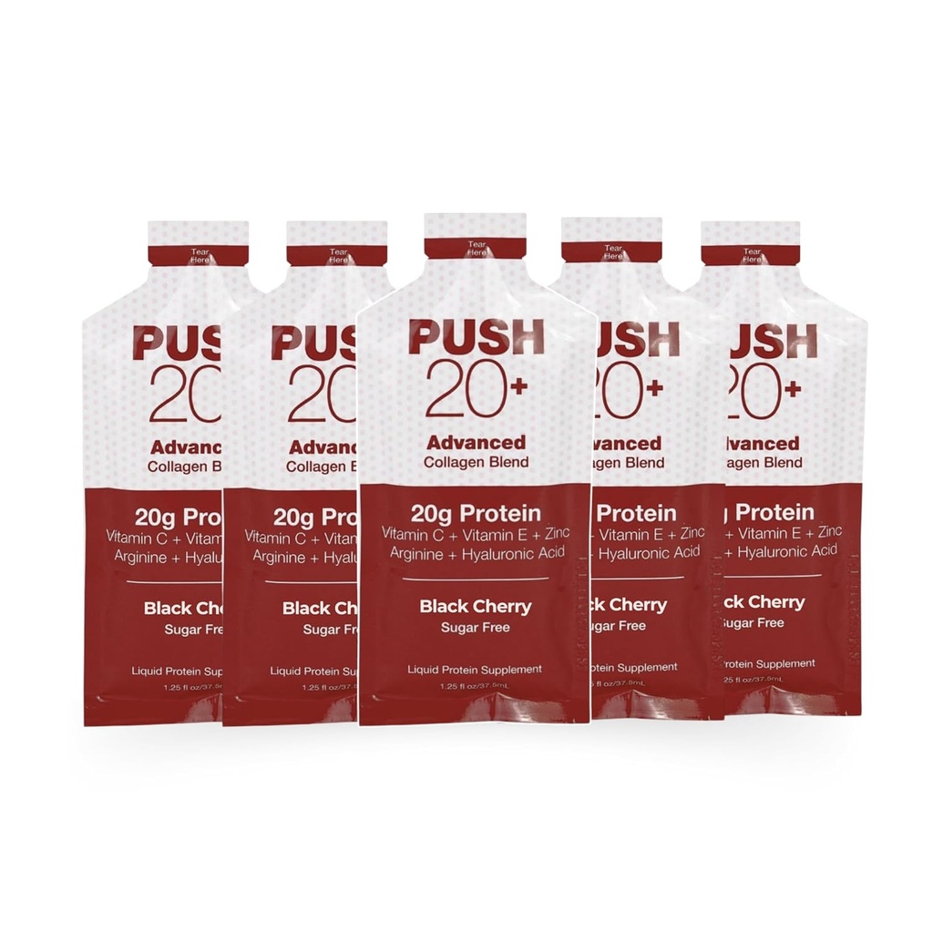 PUSH20 + Advanced Collagen Blend - Liquid Protein 20g pr. 1,25 fl. oz - Black Cherry Flavor - C-vitamin, Collagen Peptider, Hyaluronsyre, E-vitamin & Best Liquid Collagen ved at være godt Essentials
