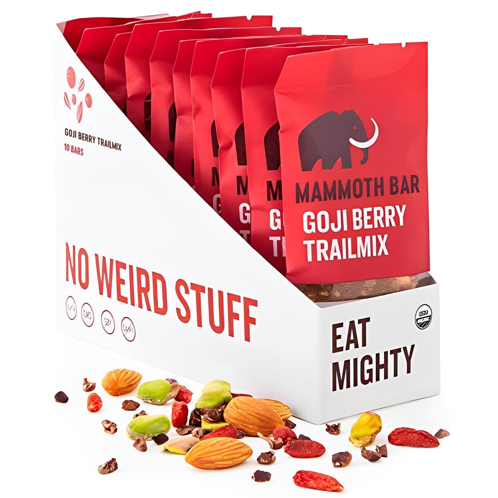 Mammoth Bar Goji Berry Trail Mix - 10 Organic Protein Bars - Prebiotic • Paleo • Gluten Free • Egg Protein • GMO fri • Raw • Premium Nuts
