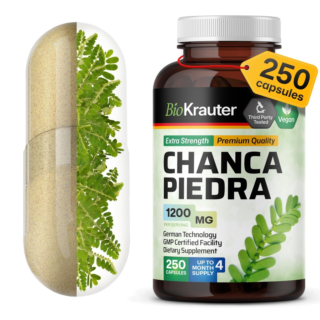 BIO KRAUTER Chanca Piedra Stone Breaker Capsules - 1200 mg Stonebreaker til Nyre Rense - 250 Chanca Piedra para Los Riñones Caps - Vegan Galleblære Kosttilskud