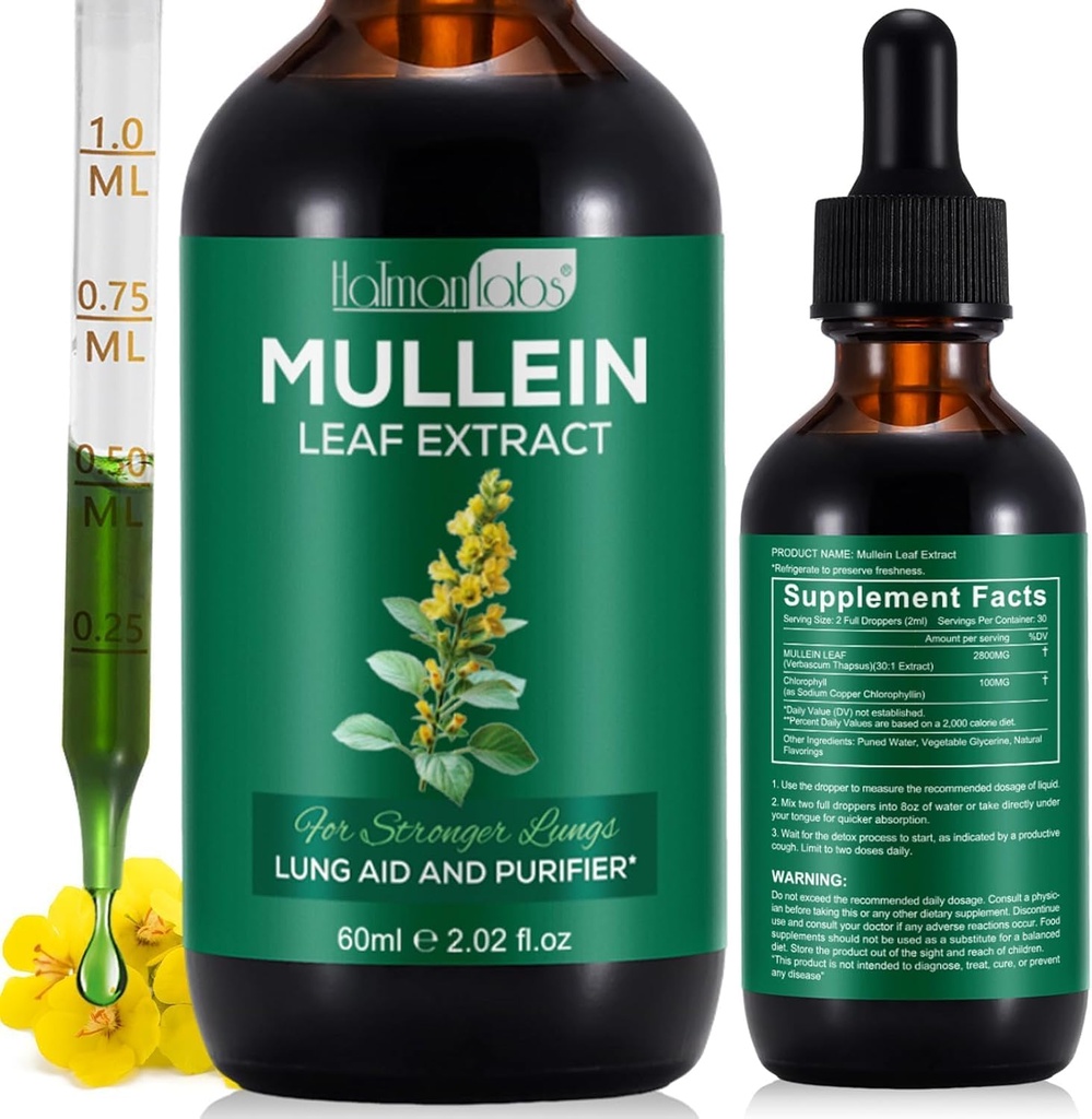Mullein Leaf Extract for Lungs, Mullein Drops for Lungs, Support Lung, Respiratoriske Funktion for sund vejrtrækning, Forbedring i pulmonal funktion, Natural & Safe Supplement (1 PC)