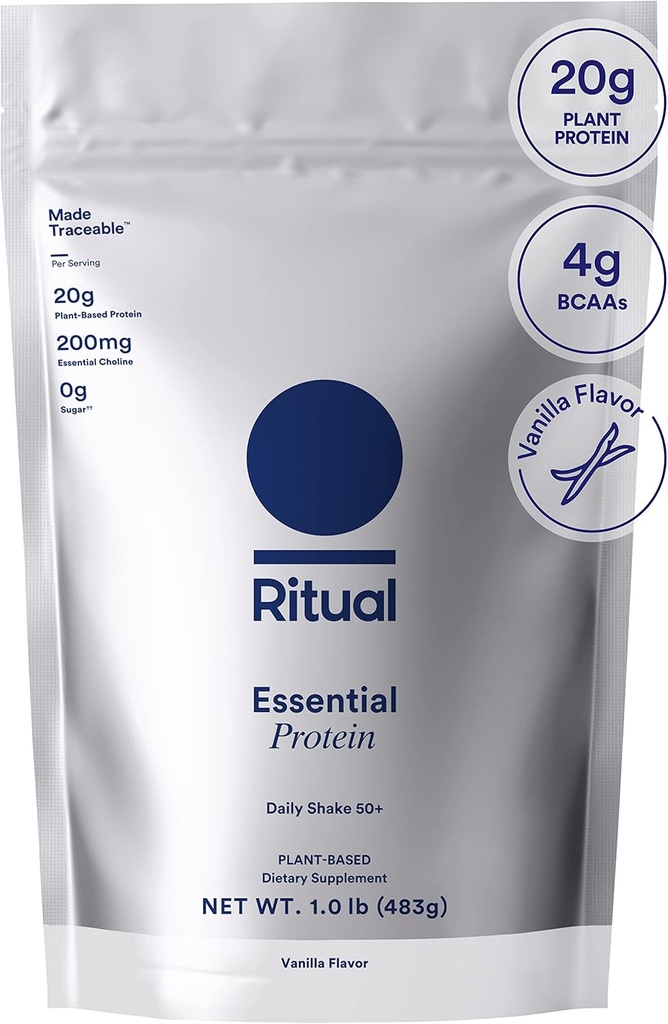 Ritual 50 + Vegan Protein Powder med BCAA: 20g Organic Pea Protein fra Regenerative Farms i USA, Plant Based, Håndlavet Vanilla, 3. part testet, Gluten- Free, Dairy- Free, Non-GMO, 1 Lbs