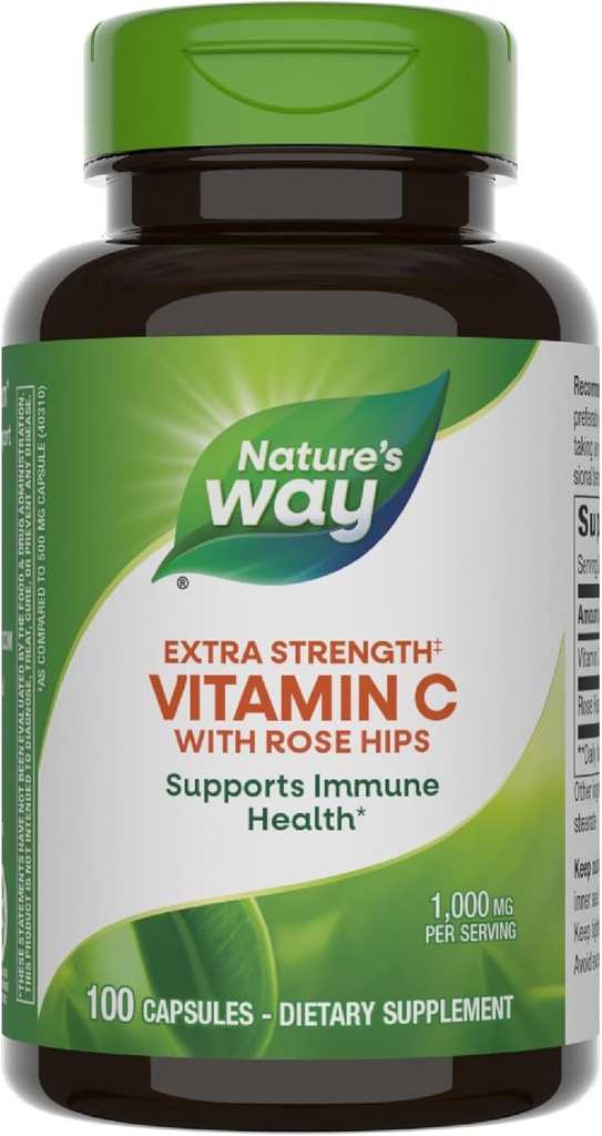 Nature 's Way Extra Strength (1) C-vitamin med Rose HIPS, understøtter immunforsvar *, Collagen produktion *, High Potence C-vitamin, 100 kapsler (Packaging May Vary)