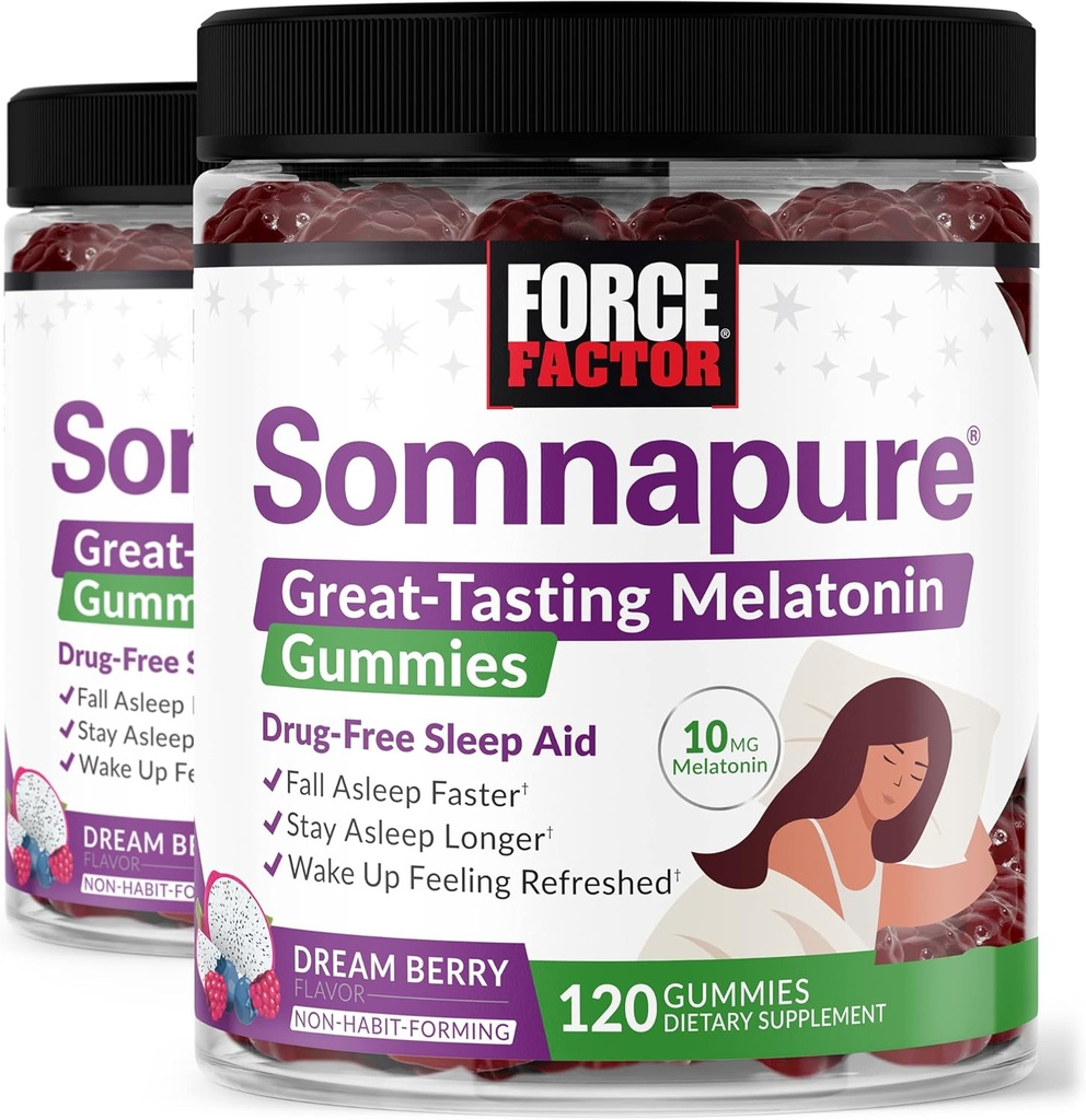 Force Factor Somnapure Gummies med Melatonin, Drug- Free Sleep Support for voksne med lejlighedsvis søvnløshed, Dream Berry Flavor, 120 Greve (pakke med 2)