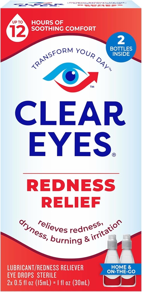 Clear Eyes Redness Relief Eye Drops, Whiten Eyes and Relieve Dryness, Burning and Irritation, 2 x 0,5 Fl Oz, Twin Pack