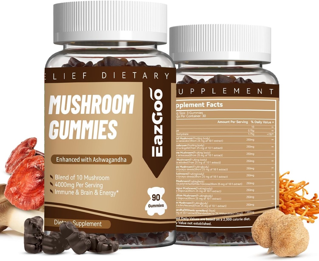 Mushroom Gummies Supplement - med Ashwagandha, Lions Mane, Shitake Mushrooms, Tyrkiet Tail, Chaga, og Cordyceps Mushroom for immunsundhed, Mood & Stress Support (180 Gummies)