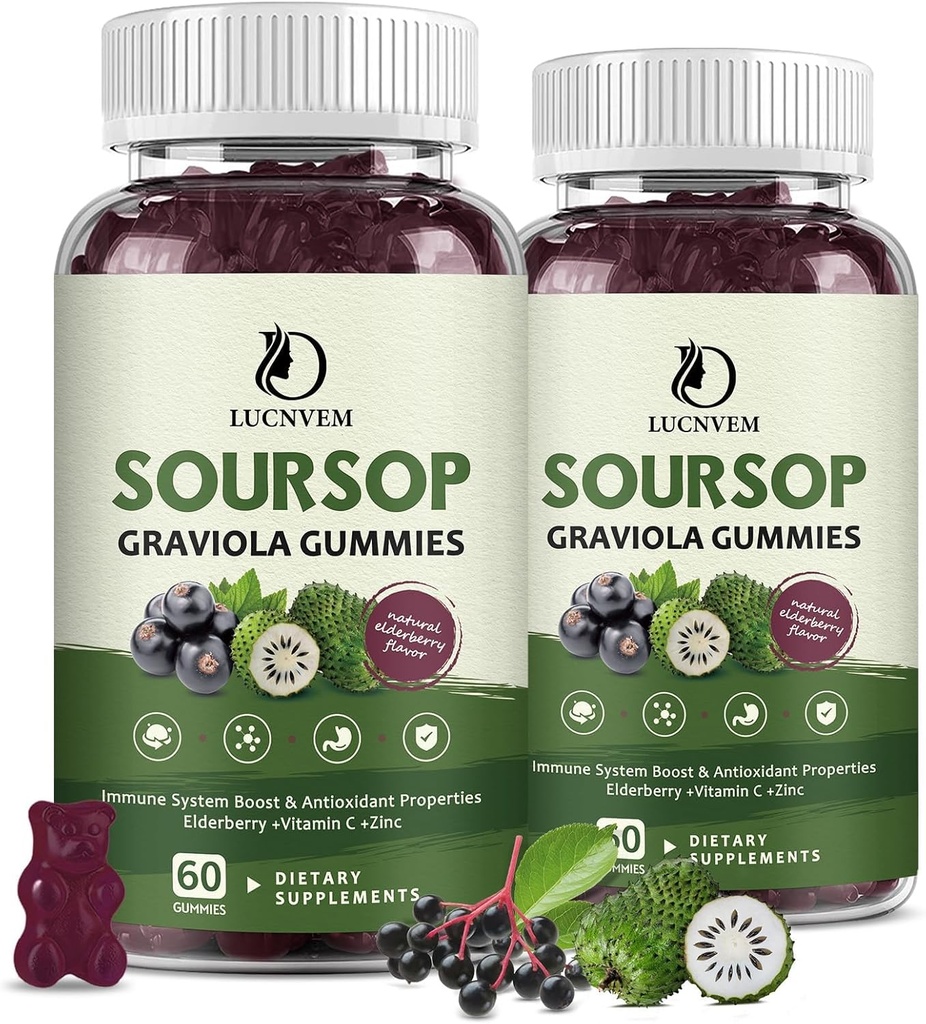 Organic Soursop Graviola Gummies, Soursop Extract med Elderberry Rich in Multivitamin for Natural Antioxidant, Cell Support & Regeneration, Immunboost og Hud, Vegan- 60 Day Supply