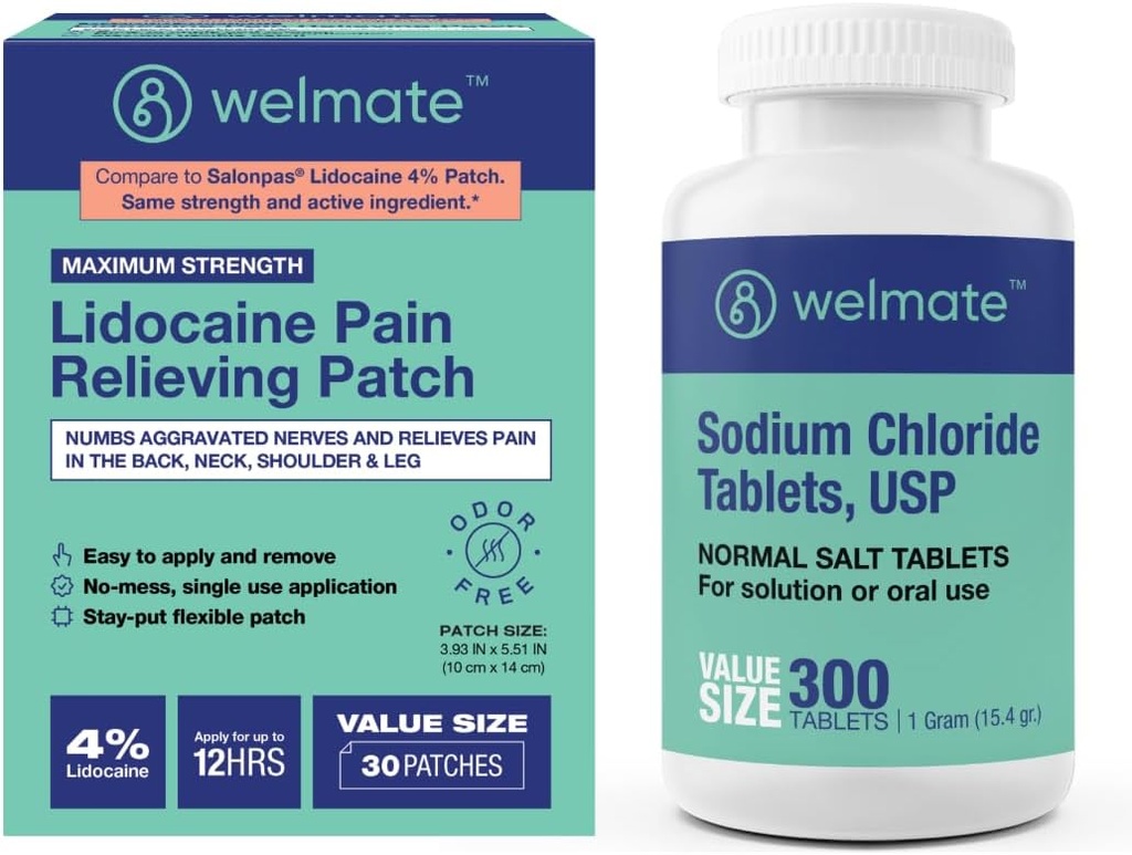 WELMAT Recovery Bundle: Natriumchlorid tabletter, 300ct + 4% Lidocain Numbering Patch 30 ct