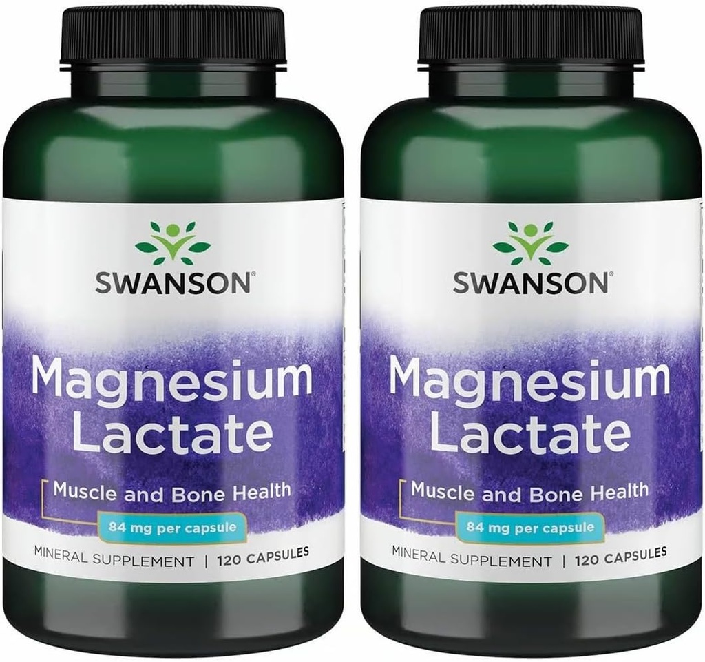 Swanson Magnesiumlactat - Mineraltilskud til fremme af muskel - og benhelbredskontrol - Lactosefri lactat Mineralform til adhæsion - (120 kapsler, 84mg hver) 2 pakning