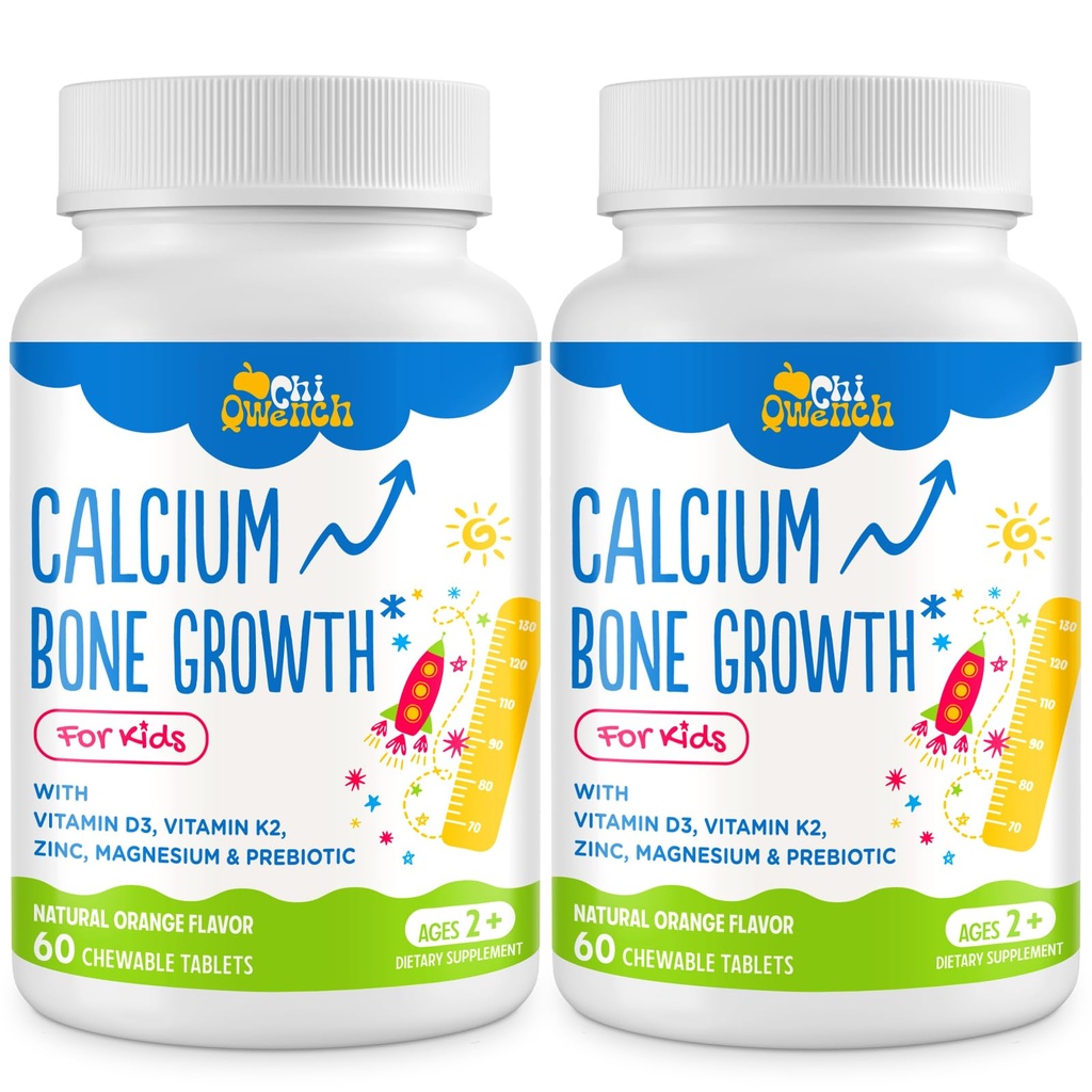 500 MG Calciumtilskud med vitamin D3 & K2, zink, Magnesium & Prebiotika. Børn Vitaminer til børnenes højde. Knoglestyrke, høj absorption, orange tyggebånd, gluten fri, 120 tabletter