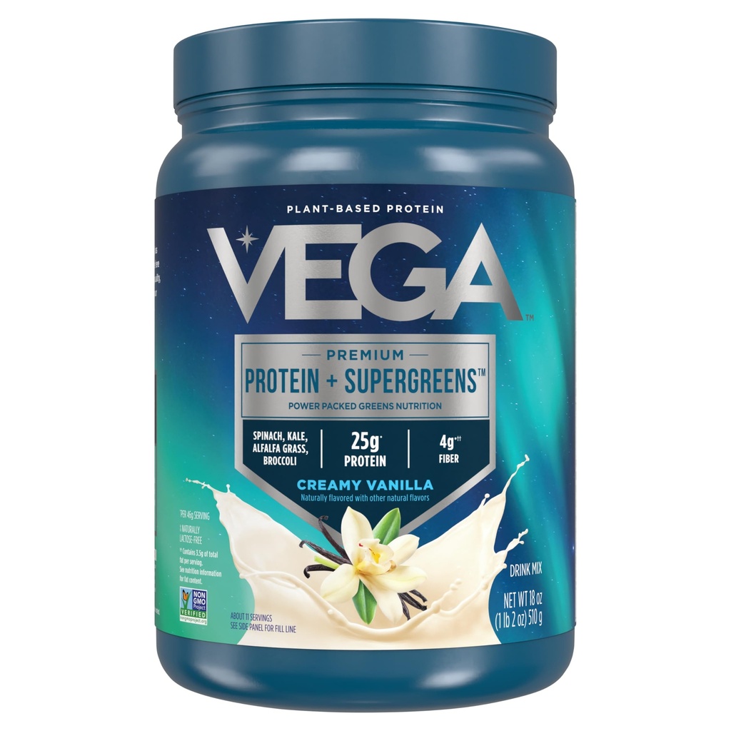 Vega Protein og Grønne Protein Powder Creamy Vanilla (11 Servere) 25g Plant baseret Protein Plus Veggies, Vegan, Non- GMO, Pea Protein for kvinder og mænd, 1.2lbs