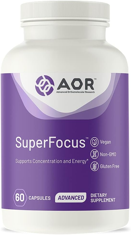 AOR, SuperFocus, understøtter koncentration, energi, mental alerness, rolig og slap, Kosttilskud, 60 Servere (60 kapsler)