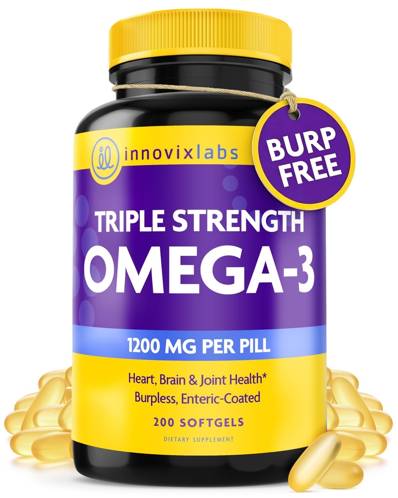 InnovixLabs Triple Strength Omega 3 Supplement, Burpless Fish Oil for Women and Men - 900 mg EPA & DHA, Brain & Joint Support, Award Winning & Third- Party Testet, 200 Softgels