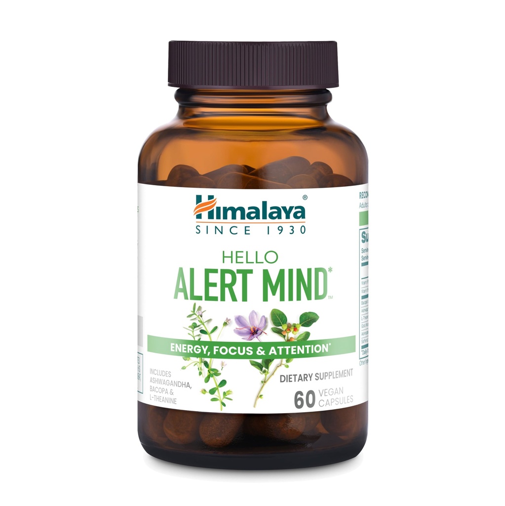 Himalaya Hello Alert Mind med L- Theanine, Ashwagandha, Bacopa, vitamin B6 & B12, for Energy, Focus & Opmærksomhed, Vegan, Gluten Free, 60 kapsler