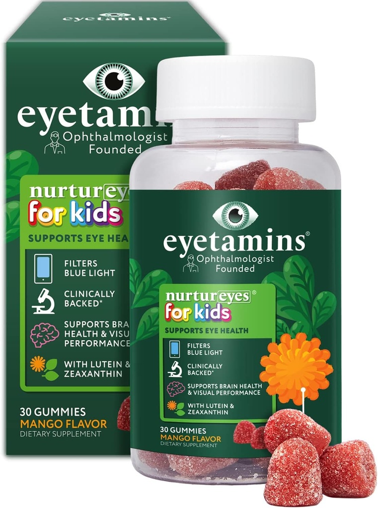 Eyetamins Nurtureyes Eye Health Gummy for Kids - 30 Easy- to- Chew, Mango Gummies - Oftalmologist-Created Kids Eye Vitaminer - Natural, Vegan, og non-GMO formel