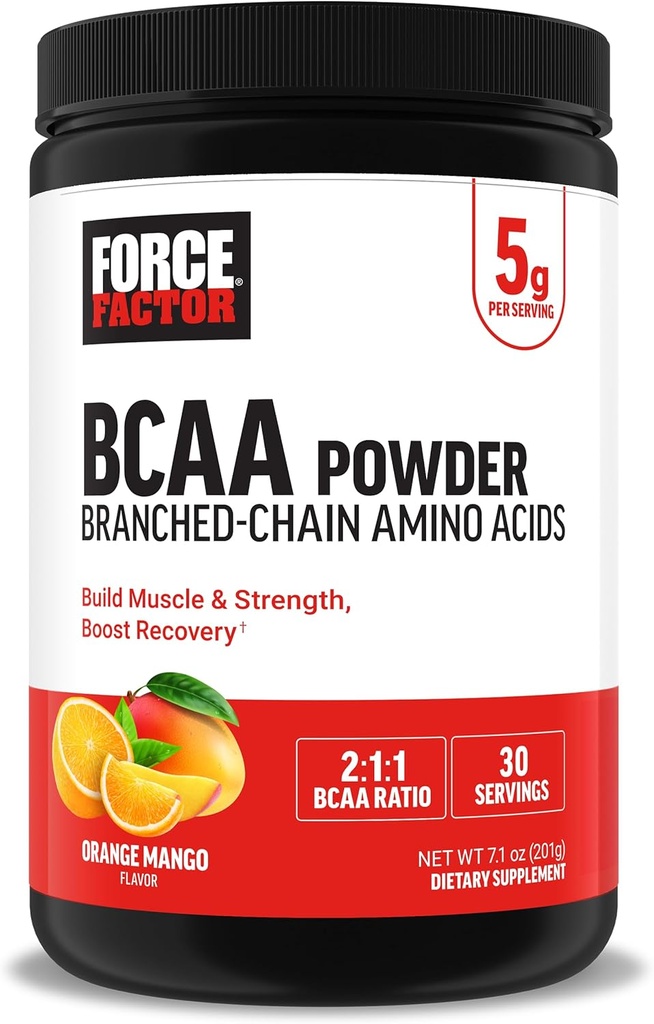 Kraftfaktor BCAA Aminosyrer Supplement 2: 1: 1, Lækker og genopfriskende BCAA pulver til støtte muskel inddrivelse og ydeevne, ingen kunstige farver eller flavors, Orange Mango, 30 Servere
