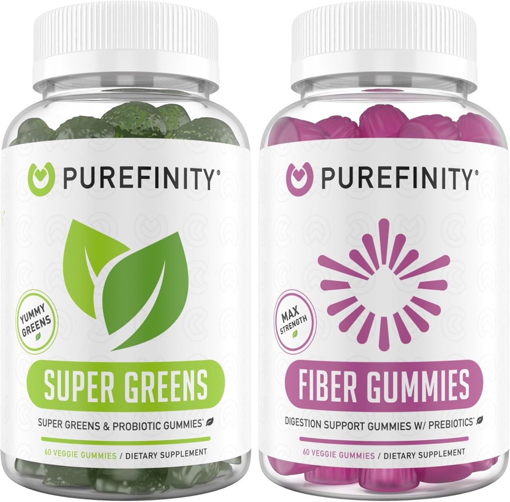 PUREFINITY Fiber + Super Green Gummies Bundle (Inulin FOS Prebiotic Fiber Gummies + Super Green Gummies - Daily Supergreens with Spirulina, Alfalfa, Spinach, Broccoli, Beet Root, Acai)