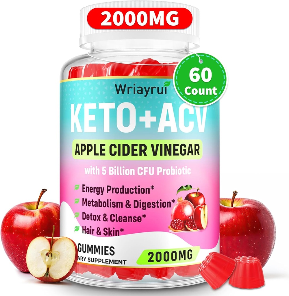 Apple Cider Vincious Gummies, Fast Ripped Keto ACV Gummies, Max Strength 2000mg, Formuleret med grøn te, B6 & B12, Probiotika, ACV for Metabolisme, fordøjelse, Detox & Rense, 60 Counts