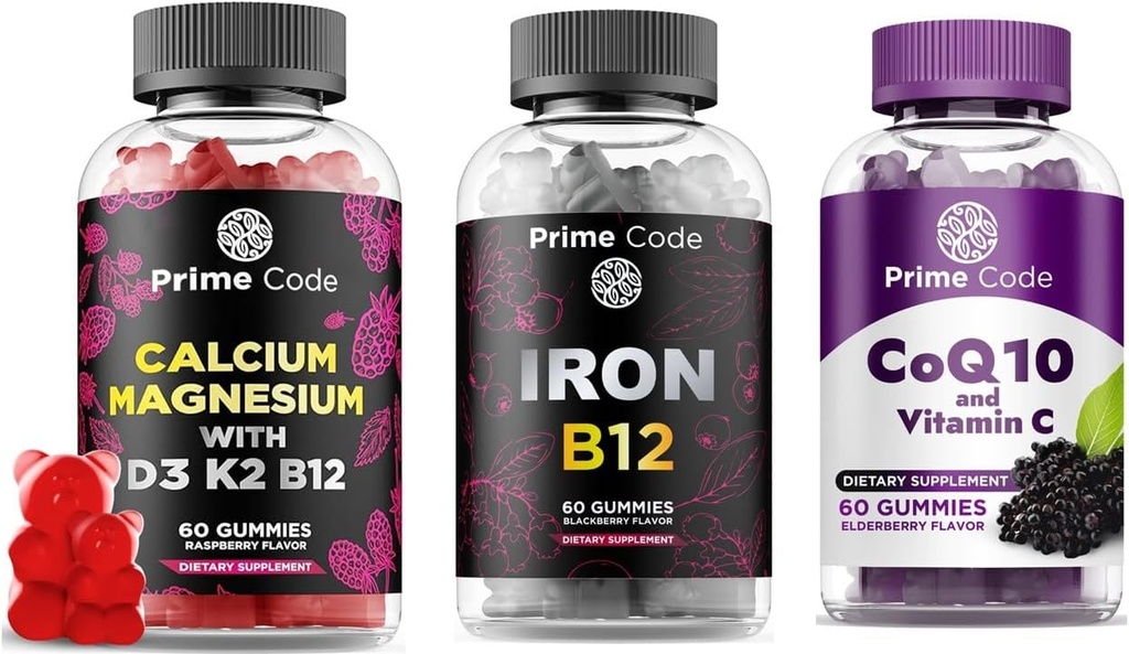 Prime Code Calcium gummier for kvinder & mænd med Magnesium vitamin B12 vitamin K2 & vitamin D3, jern gummier for kvinder & mænd, [2 i 1] CoQ10 200mg & vitamin C