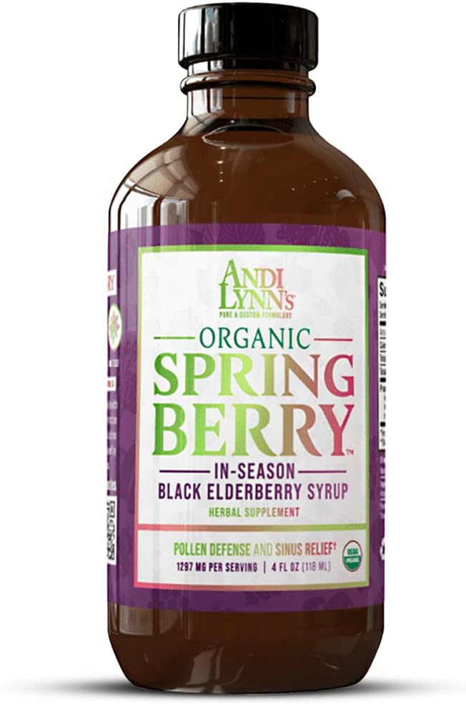 Andi Lynns SpringBerry, Organic Black Elderberry Syrup, Pollen Defense & Sinus Relief for Sæsonallergier, Herbal immunforsvar supplement til børn og voksne, 4 oz