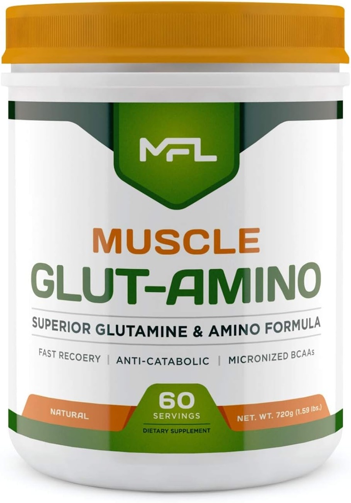 MFL Muscle Glut- Amino • 124; Glutamin • Complex • 124; Amino • Complex • 124; 0 Sugar • 124; Sødet med Stevia • 124; All- Natural • 124; 60 Servering (Natural)