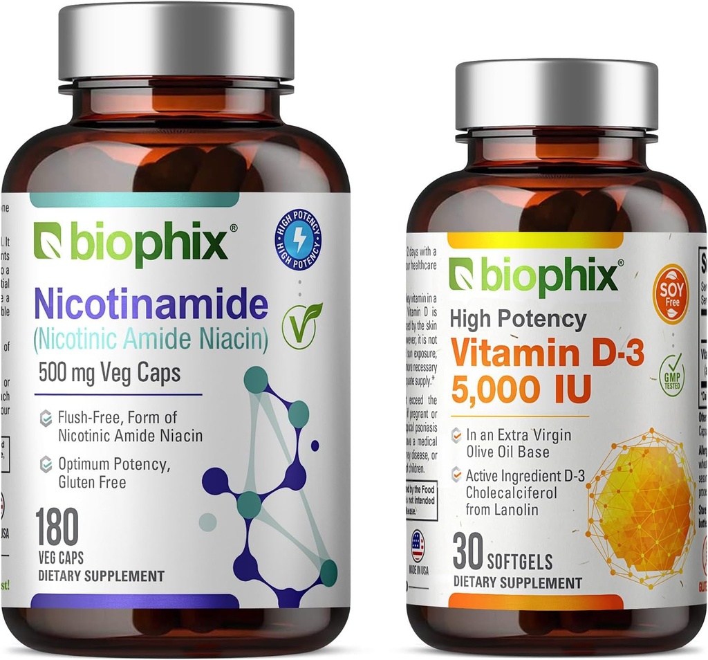 biophix B-3 Nicotinamid 500 mg 180 Vcaps Plus Free Vitamin D-3 5000 IE 30 Softgel - Nicotinsyre Niacin Natural Flush- Free Vitamin Formel - Understøtter hud celle sundhed