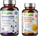 biophix B-3 Nicotinamid 500 mg 180 Vcaps Plus Free Vitamin D-3 5000 IE 30 Softgel - Nicotinsyre Niacin Natural Flush- Free Vitamin Formel - Understøtter hud celle sundhed